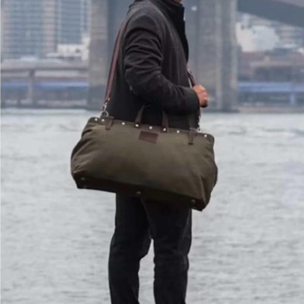 Line Of Trade Green Canvas Weekender  Bag with Brown Leather Straps